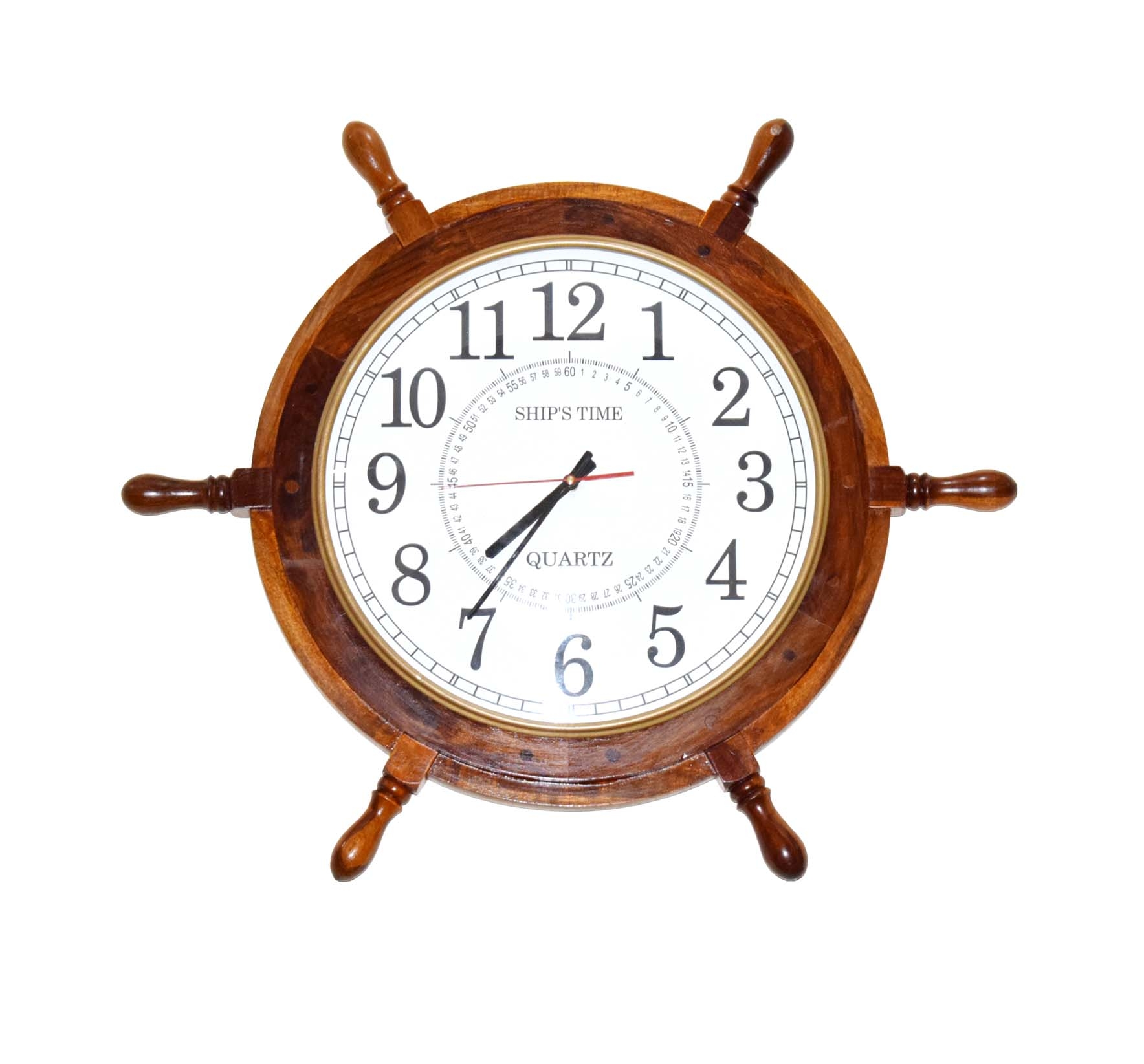 Vintage Quartz Ship's Time Wooden Ship Wheel & Brass Clock