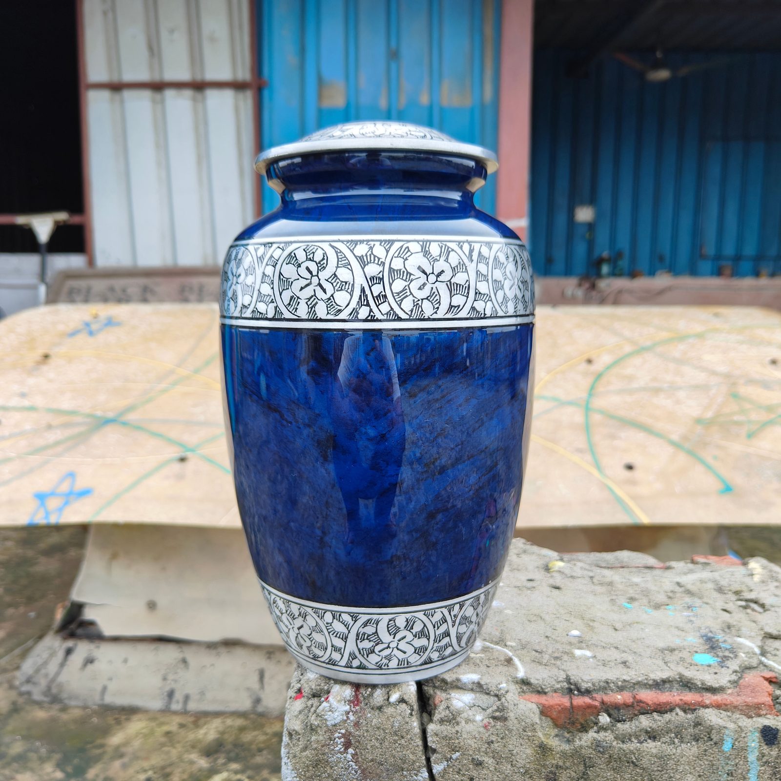 Blue Silver Engraved Adult Aluminum Cremation Urn - Image 4