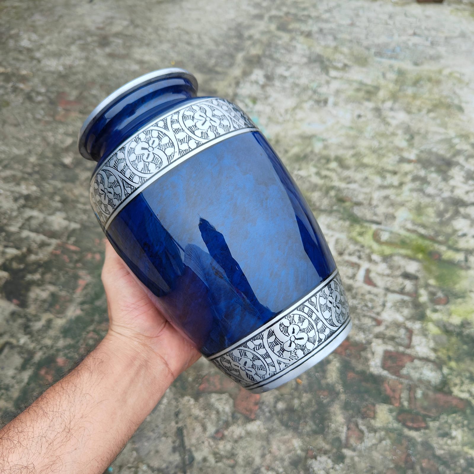 Blue Silver Engraved Adult Aluminum Cremation Urn - Image 5