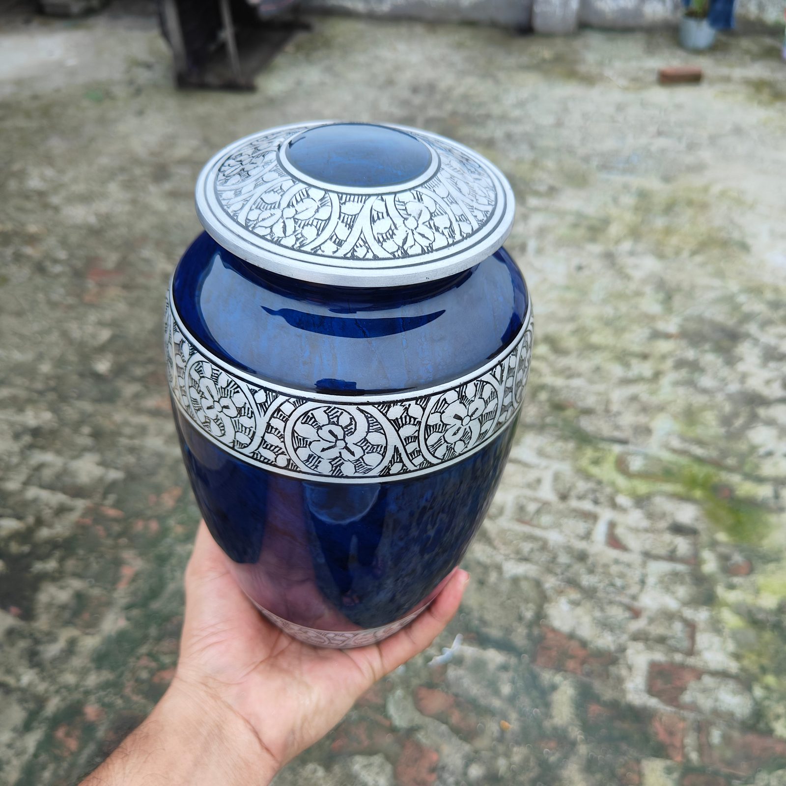 Blue Silver Engraved Adult Aluminum Cremation Urn - Image 7